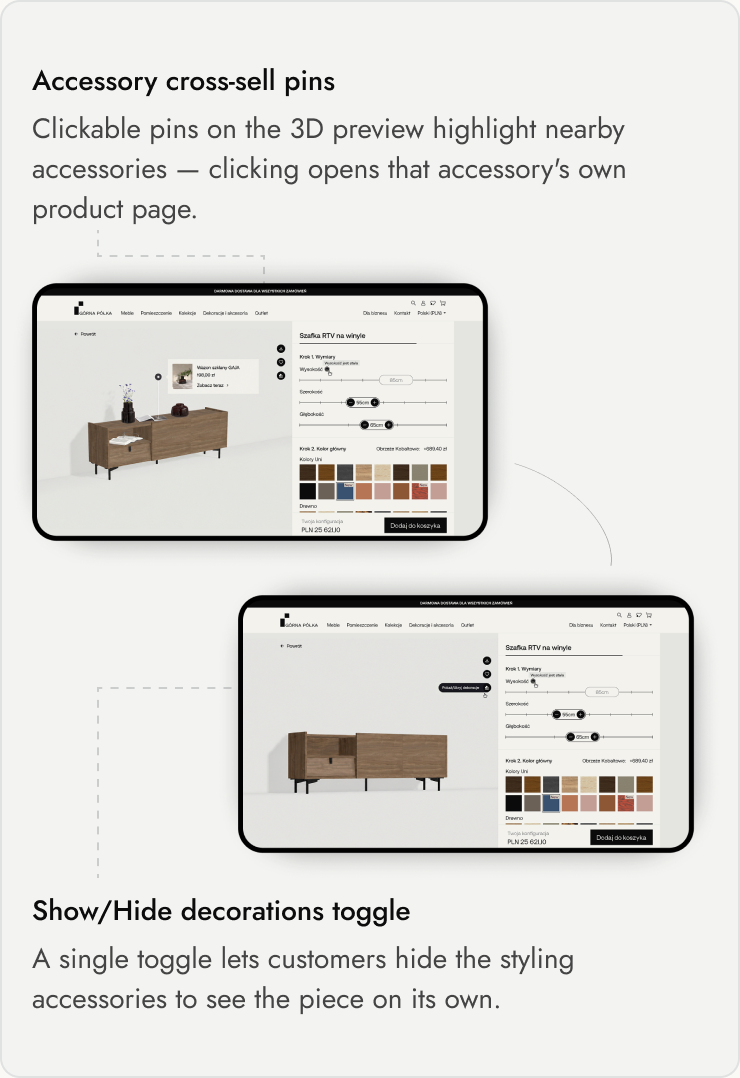 Accessory cross-sell pins on the 3D preview and the show/hide decorations toggle