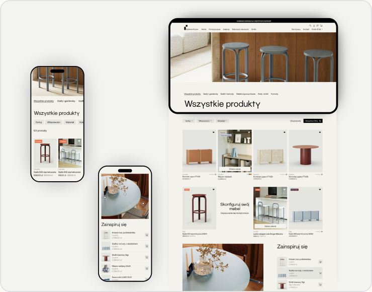 Catalog listing page — Wszystkie produkty — with collection-based navigation, shown on desktop and mobile