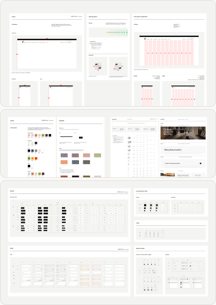 Upper Half design system — responsive grid and spacing, color system and typography scale, and standardized buttons, links, form fields and select controls