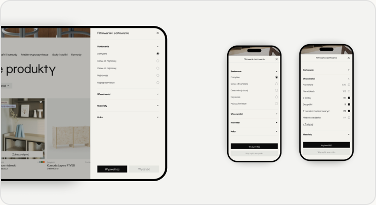 Product filtering panel shown on desktop and mobile