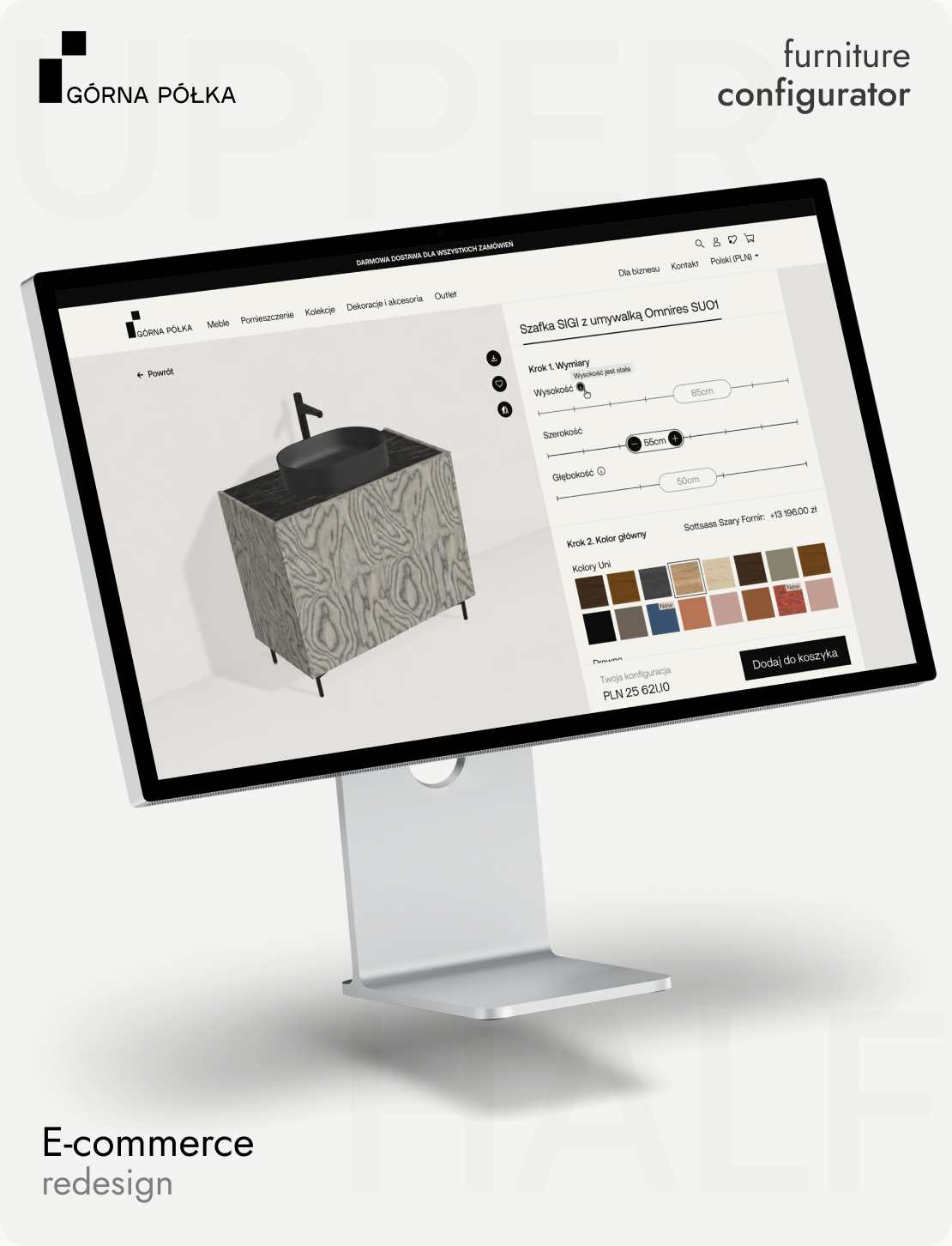 Górna Półka redesign cover — furniture configurator shown on a Studio Display, with the Upper Half brand mark