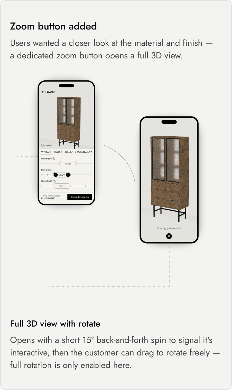 Full 3D view with rotate and a dedicated zoom button added to the mobile configurator