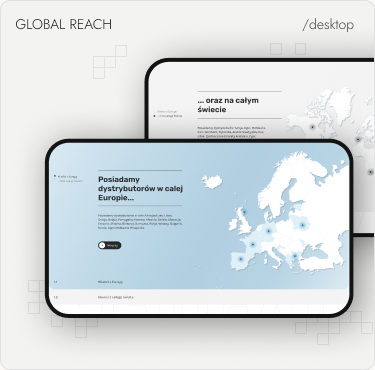 Global reach — distributor map shown on tablet and desktop, labelled Global Reach / desktop