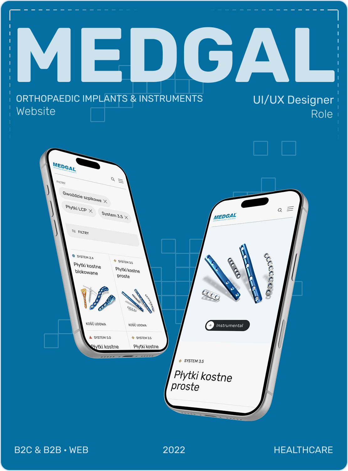Medgal mobile cover — MEDGAL wordmark on the brand's blue pattern, with a duo iPhone mockup showing the mobile catalog and product page