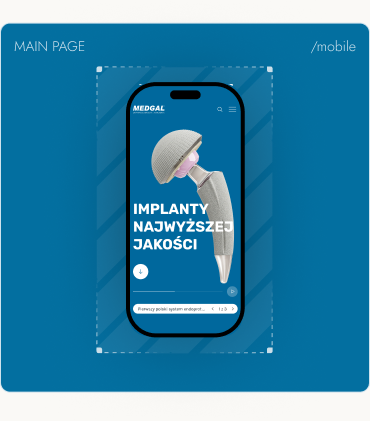 Medgal main page shown on a phone mockup, on the brand's blue pattern, labelled Main page / mobile