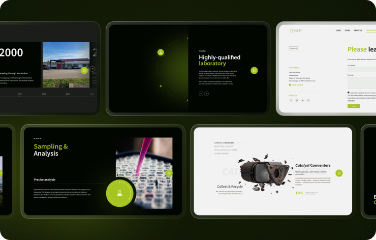 Collage of additional RECAT screens — company timeline, laboratory features, contact form, sampling process, and catalyst converter details — applying the same design system across the site