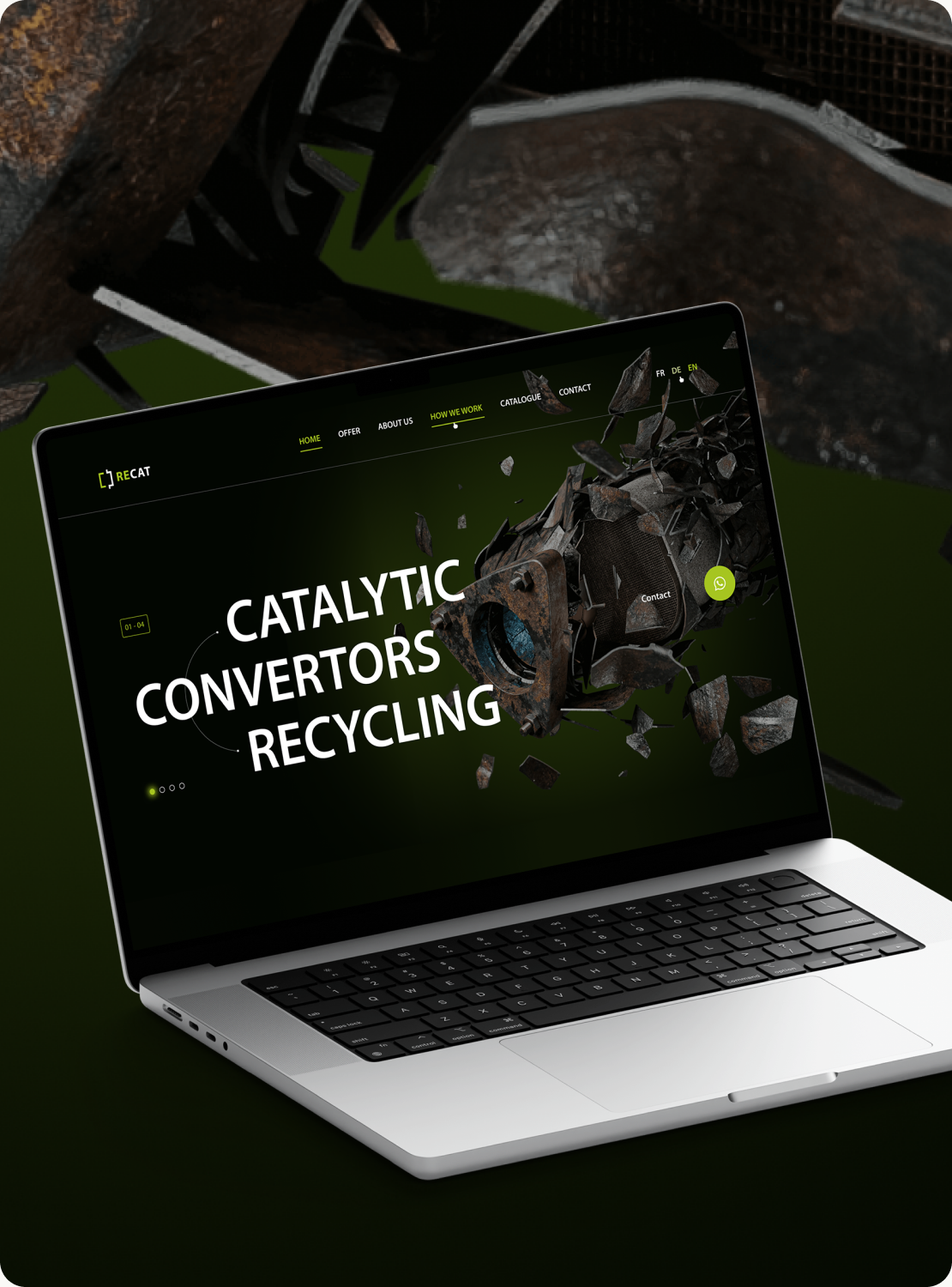 RECAT cover — the catalytic converters recycling homepage shown on a MacBook Pro, against a shattered catalytic converter background
